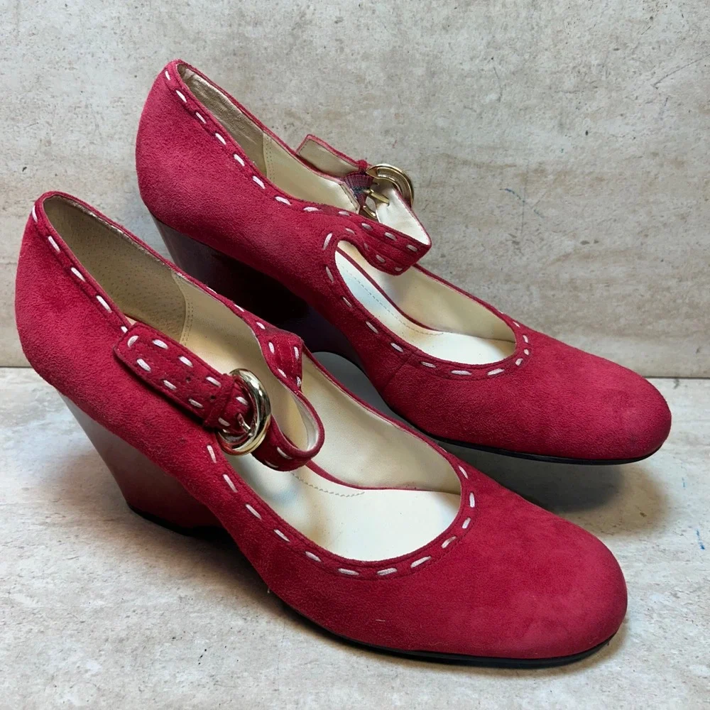 Franco Sarto Red Suede Mary Jane Wedge Pumps Whipstitch 10M L-SIRUP